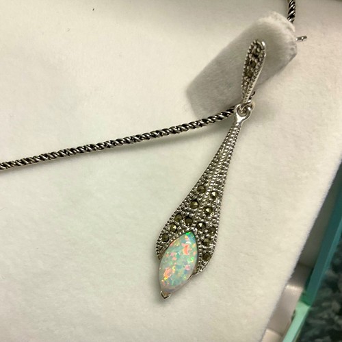 Sterling Silver Art Deco style Opal Marcasite Marquise Necklace and Earrings Set - Picture 5 of 11