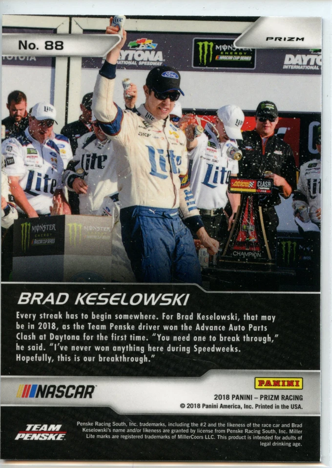 2018 Panini Prizm Racing NASCAR Explosion PURPLE FLASH #88 Brad Keselowski - Image 2 of 2