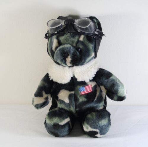 SKM Enterprises Camo Teddy Bear 14"Plush USA Pilot Aviator Hat Goggles & Collar - Picture 1 of 7