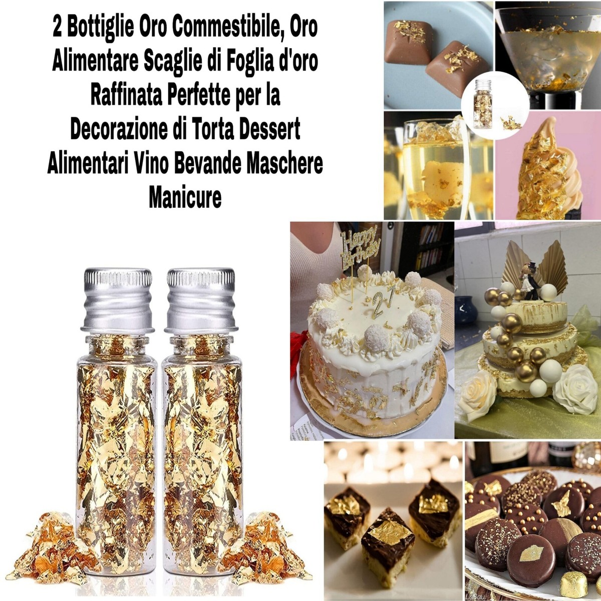 3 Bottiglie Di Foglie D'Oro Commestibili - Per Decorare Torte, Dessert, Bevande - Foto 7
