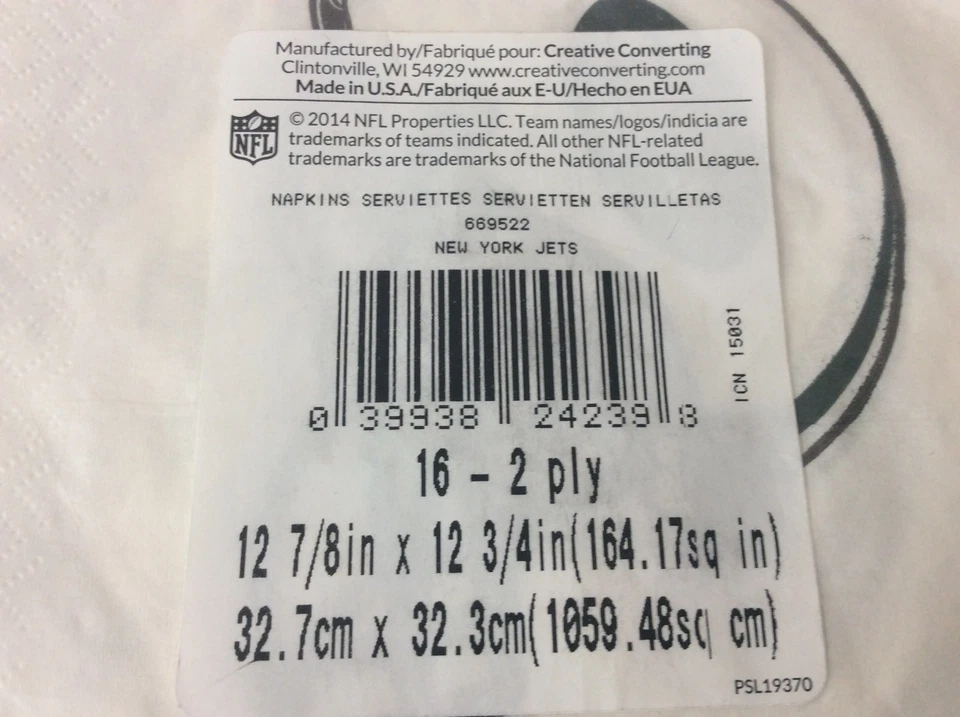 NWT    NFL 669522-Creative Converting 16 Count New York Jets Lunch Napkins (S3) - Image 3 of 3
