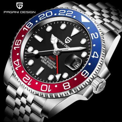Pagani Design Luxus GMT Edelstahl Neu Uhr Saphirglas Mechanisch