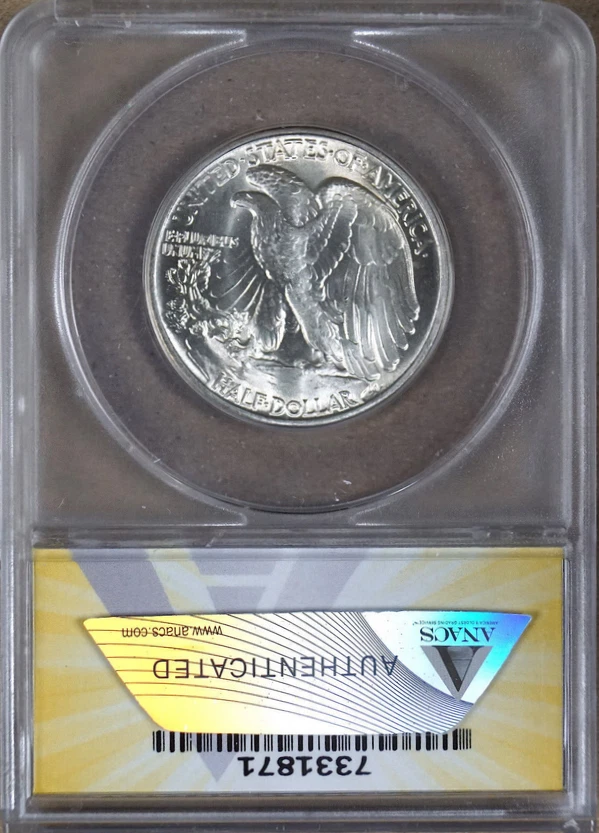 :1944-P 50C Walking Liberty Half Dollar Gem BU ANACS MS65 Low Pop Highest Grades - Image 2 of 2