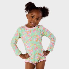 RuffleButts Toddler Girls' Watercolor Floral Long Sleeve One Piece Rash