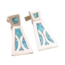 925 Sterling Silver Vintage Earrings MEXICO Crushed Turquoise Inlay  EG13618