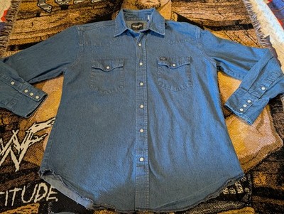 Vintage 90s Wrangler Pearl Snap Denim Button-Up Shirt Men's (L) Western Jean
