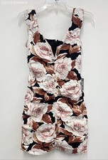 Express Brown Cream Black Floral Linen Blend V Bar Neck Ruched Mini Dress XS