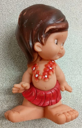 Hawaiian Hula Girl Doll Sassy Brunette Big Feet Vintage Rubber Squeaker 8” Spain - Picture 2 of 16