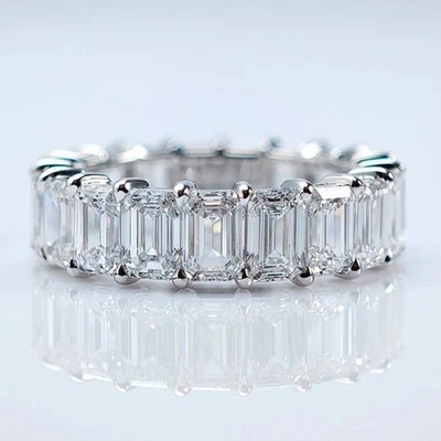 Rare 11.02Ctw Emerald Cut Treated White Diamond Full Eternity Band In 925 Silver
