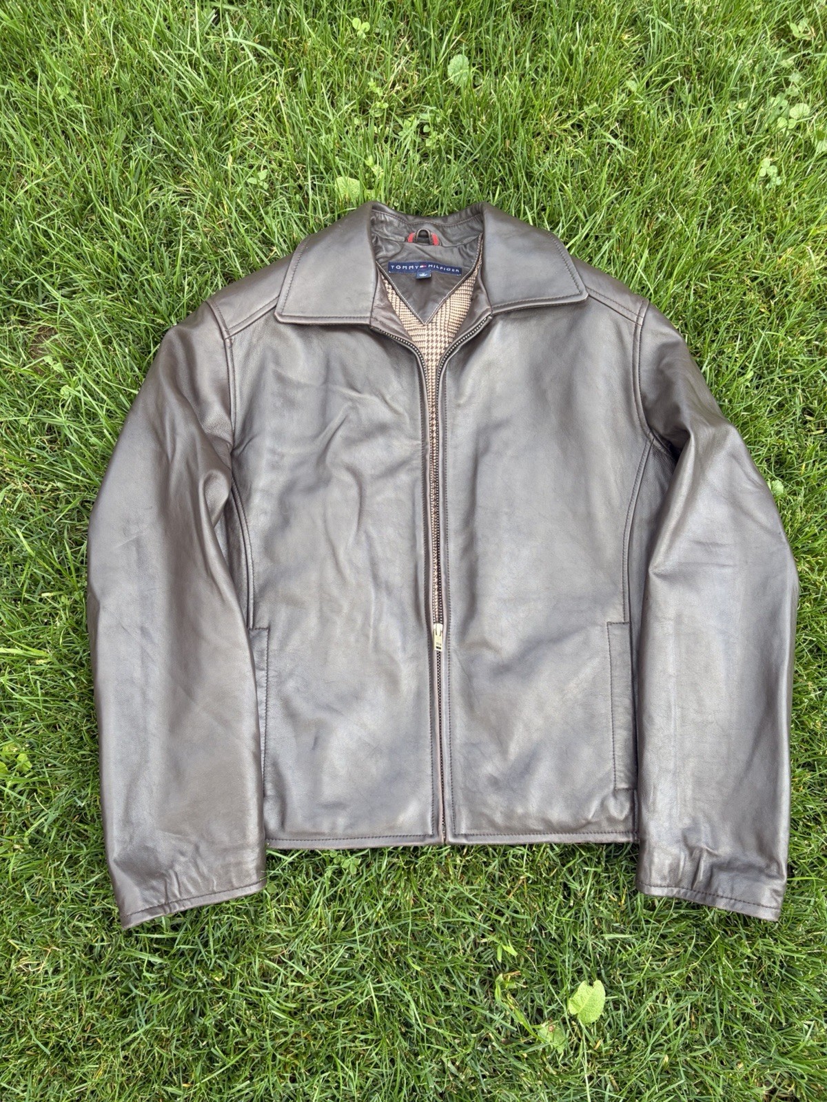 Vintage Tommy Hilfiger Brown Genuine Leather Jacket Mens Size L Full Zip Y2K