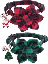 PTDECOR Christmas Cat Collars with Flower, Red Green Plaid Floral 