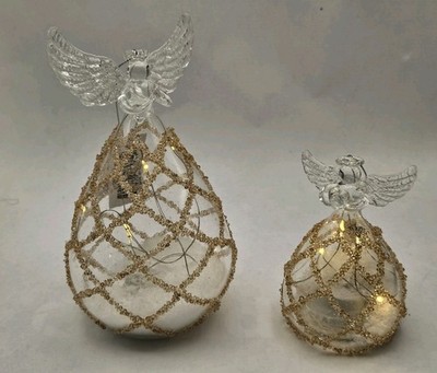 K&K Interiors New Angel LED light up glass ornament glass gold Lattice Set Of 2