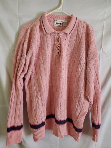 Krizia, Vintage Moods by Krizia Preppy Classic Pink Cable Knit Polo Sweater Size Large