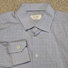 Eton Contemporary Dress Shirt Men 46 18 Blue Check Plaid Cotton Button Front