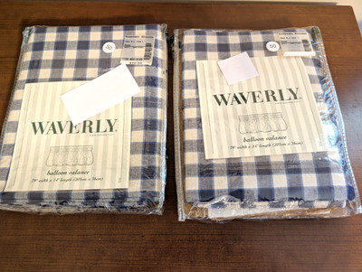 JCP 2 pr WAVERLY Keepsake-Check Denim Balloon Valance Blue & White 79''x14'' NIP