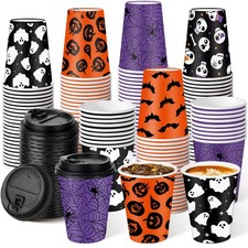 100 Set Halloween Disposable Coffee Cups with Lids 12oz, Bulk Black Orange Pu...