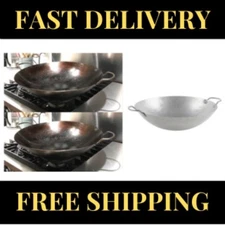 NEW 18" Heavy Duty Cantonese Wok Silver Hand Hammered Carbon Steel Pan Set of 2