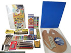 lot of vintage arts and crafts supplies watercolors crayons pencils palette etc