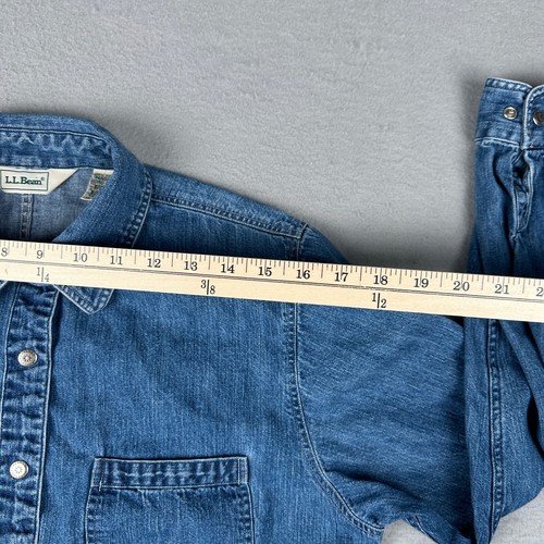 Vintage LL Bean Denim Shirt Womens 10 Blue Petite Snap Work Jean Chore 10P 90s - Picture 11 of 17