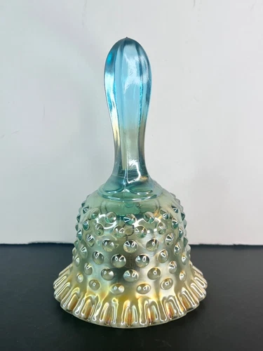 Fenton Aqua Opal Hobnail Carnival Glass Hand Bell for Lincoln Land ca 1980