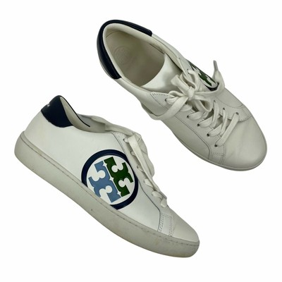 Tory Burch Leigh T Logo Sneakers Leather White Blue Green Shoes Women Size 8M | eBay