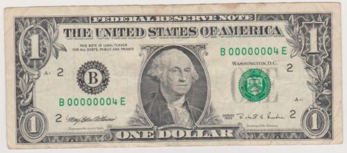 $1 Fancy Serial Number Low Binary--Single Digit Note (#4)-Serial Number 00000004