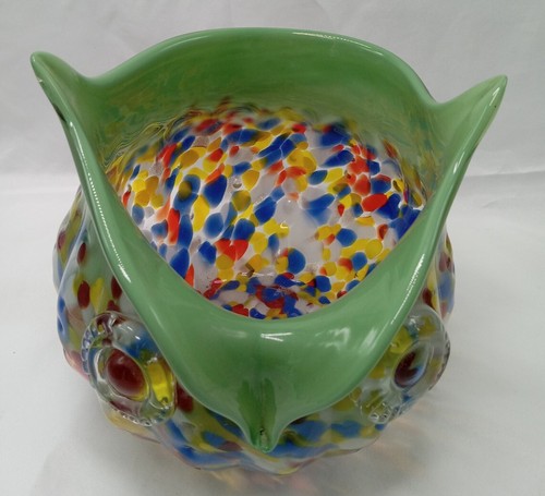 Vintage Kunst Glas Eule Vase mundgeblasen bunt Konfetti hellgrün MCM - Bild 4 von 10