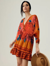 Farm Rio V-Neck Dress Anthropologie Flare Sleeve Mini Orange Floral Size L NEW