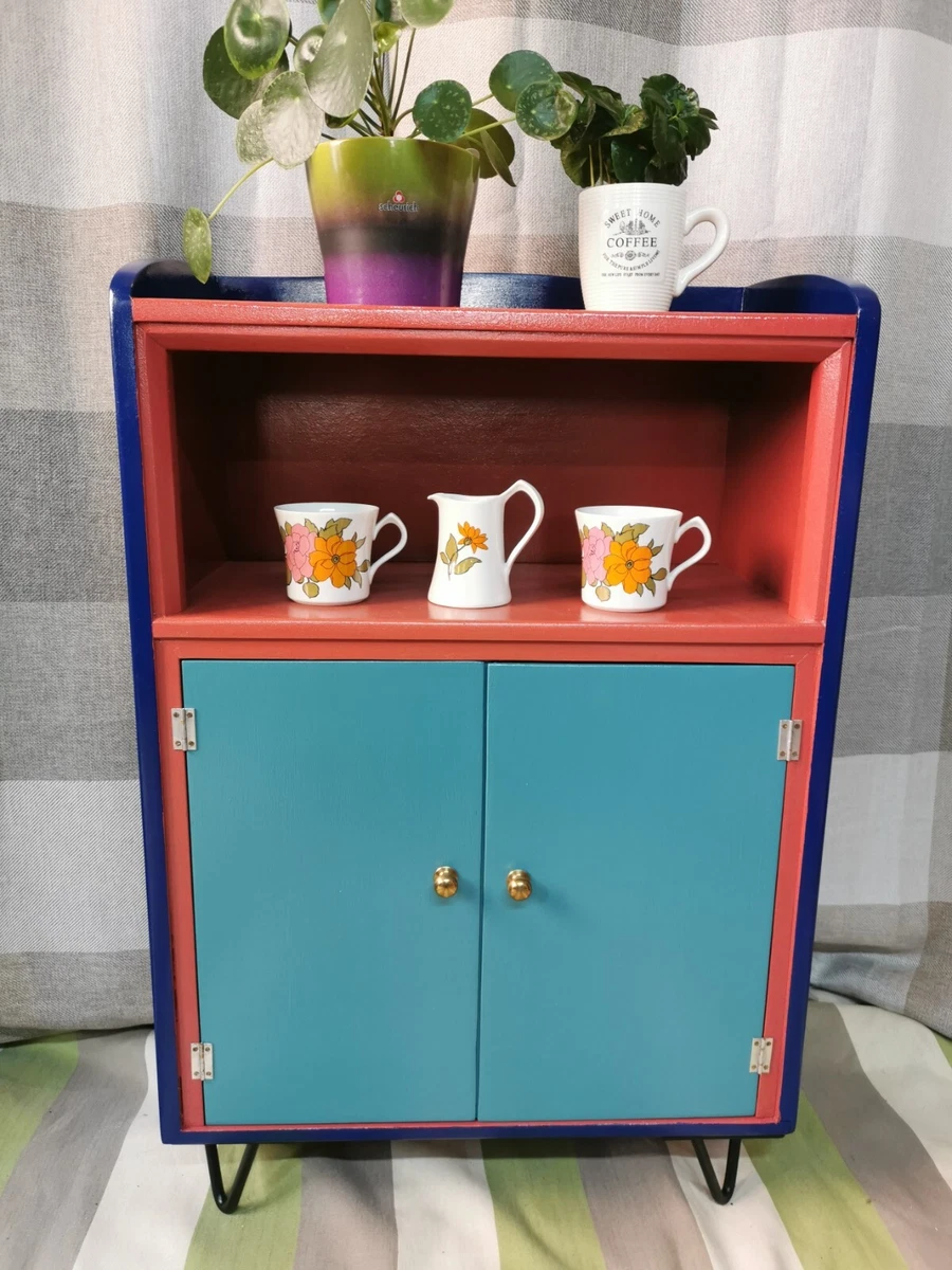 Side cabinet 1950 s upcycled. Blue and red with modern hair pin legs