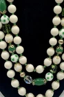 Vintage White Milkglass Green & Clear AB Crystal 3 Strand Beaded Necklace Japan