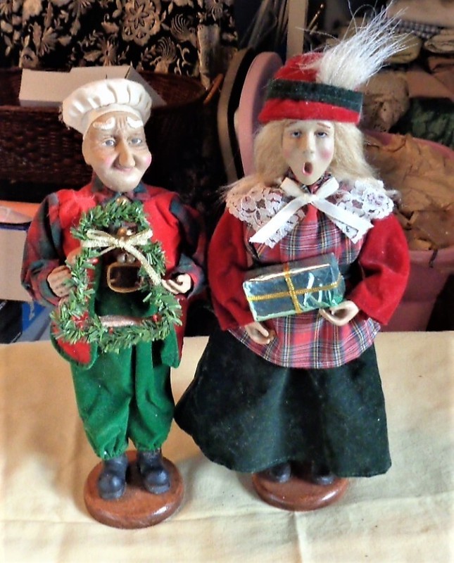 Vintage Lifelike Christmas Caroler Dolls, 13 in. Tall on wood platform Pre-owned