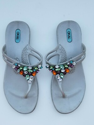 Okal Flip Flop Sandals silve Metal Tone Women's Size M 7
