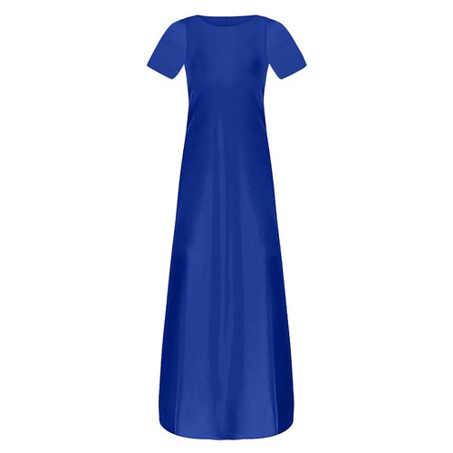 Women Lady Round Neck Short Sleeve Maxi Dress Solid Pocket Loose Party Dress - Picture 7 of 30