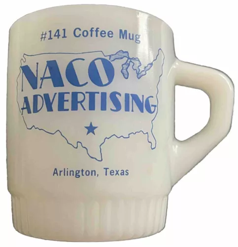 1970s NACO ADVERTISING BLUE LOGO FIRE KING COFFEE MUG, ARLINGTON, TX