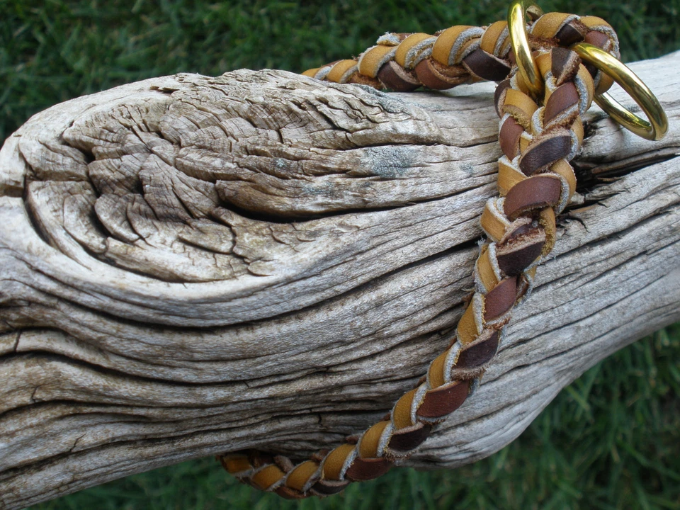 BRAIDED LEATHER SLIP/CHOKE COLLAR, 3/8" X 13.5", BROWN &TAN, BRASS RINGS - Image 4 of 4