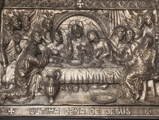 Antique Jesus Last Supper Metal Repousse Relief Religious Plaque Art Catholic 