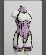 Custom made Women Purple Leather Corset Harness Gothic Bustier Garters Top