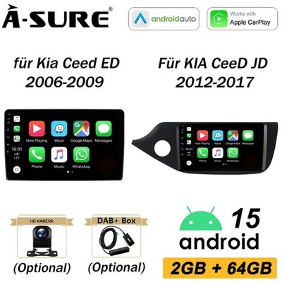 2+64G Android 15 Autoradio CarPlay GPS Navi RDS WiFi BT für KIA CeeD Cee'D JD ED
