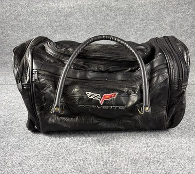 Vintage Corvette Black Leather Duffel Bag Gym  Carry-On Embroidered Logo 18 