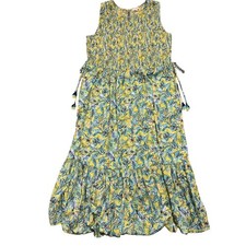 Terra & Sky Tropical Leaf Smocked Maxi Dress Plus 3X 24W-26W Yellow Blue Pockets