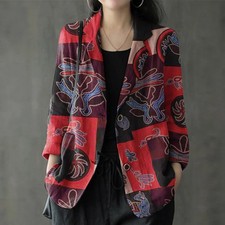 ZANZEA Womens Ethnic Prints Blazer Vacation Thin Suit Coat Retro Lapel Cotton