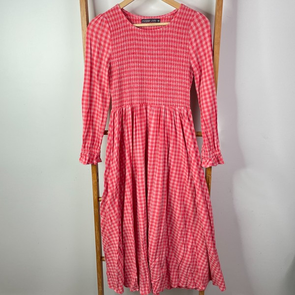 Mister Zimi Dress Womens 8 Red Plaid Shirred Tiered Long Sleeve Maxi Fit & Flare