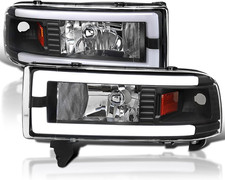 Black Headlights W/Led Tube Compatible with 1994-2001 Dodge Ram 1500, 2500, 3500