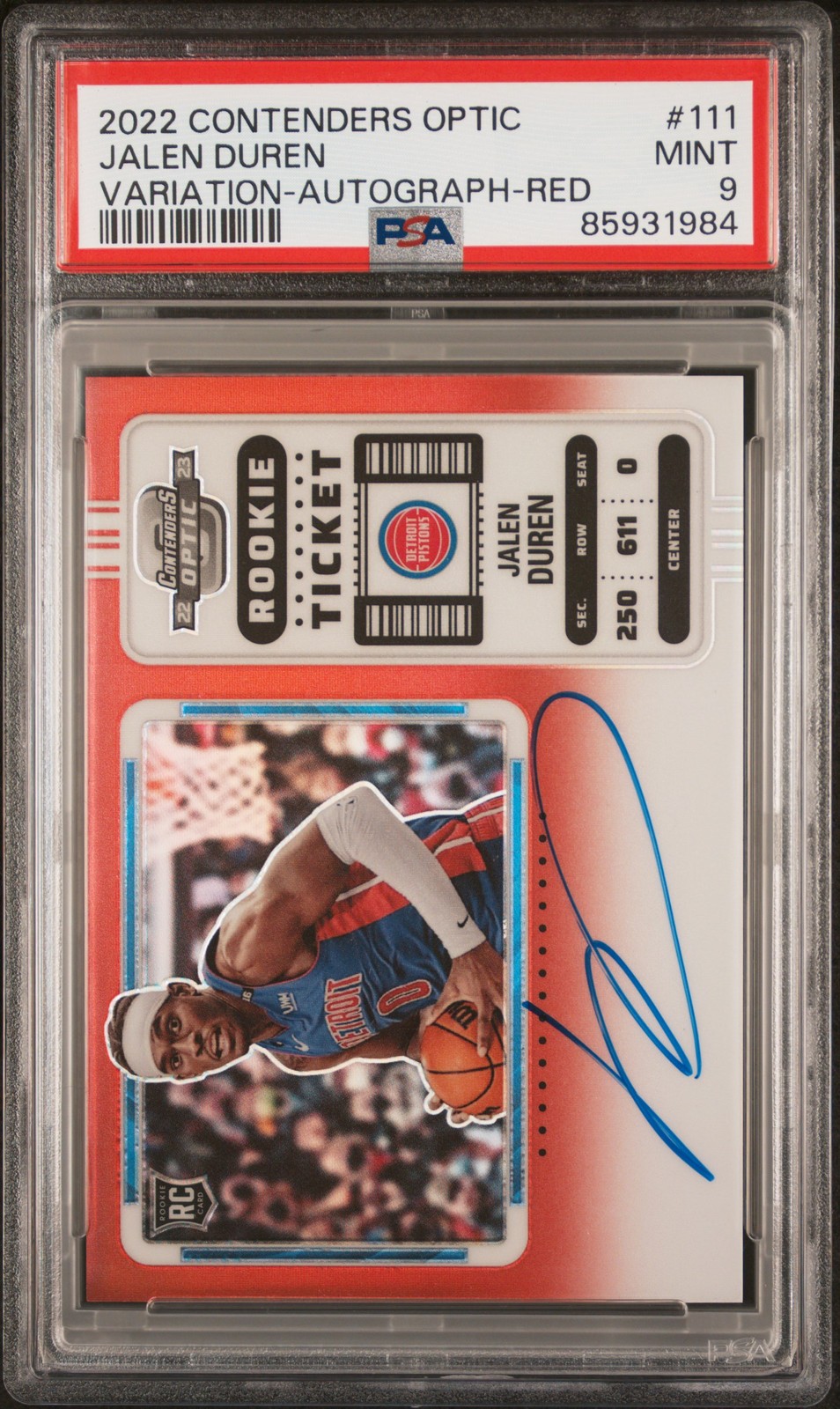 2022 CONTENDERS OPTIC VAR-AUTO-RED #111 JALEN DUREN 9/99 PSA 9