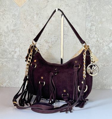 Michael Kors Presley MD Hobo Shoulder Crossbody Suede Leather Bag Dark Brown