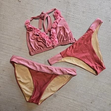 Luli Fama Bloom Halter Bikini Minimal & Banded Bottom Large D Cup Swim 3 PC Set