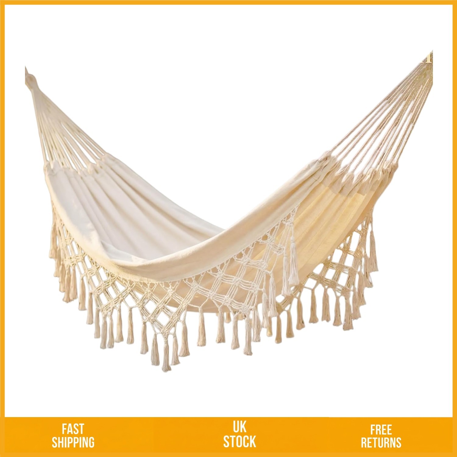 Large Boho Cotton Fringe Double Camping Hammock Bed White 2 Person 200x150cm