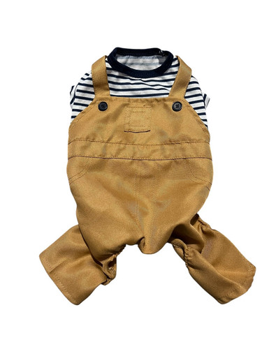 Pet Dog Outfit Striped Shirt w/ Tan Overalls Polyester Size S