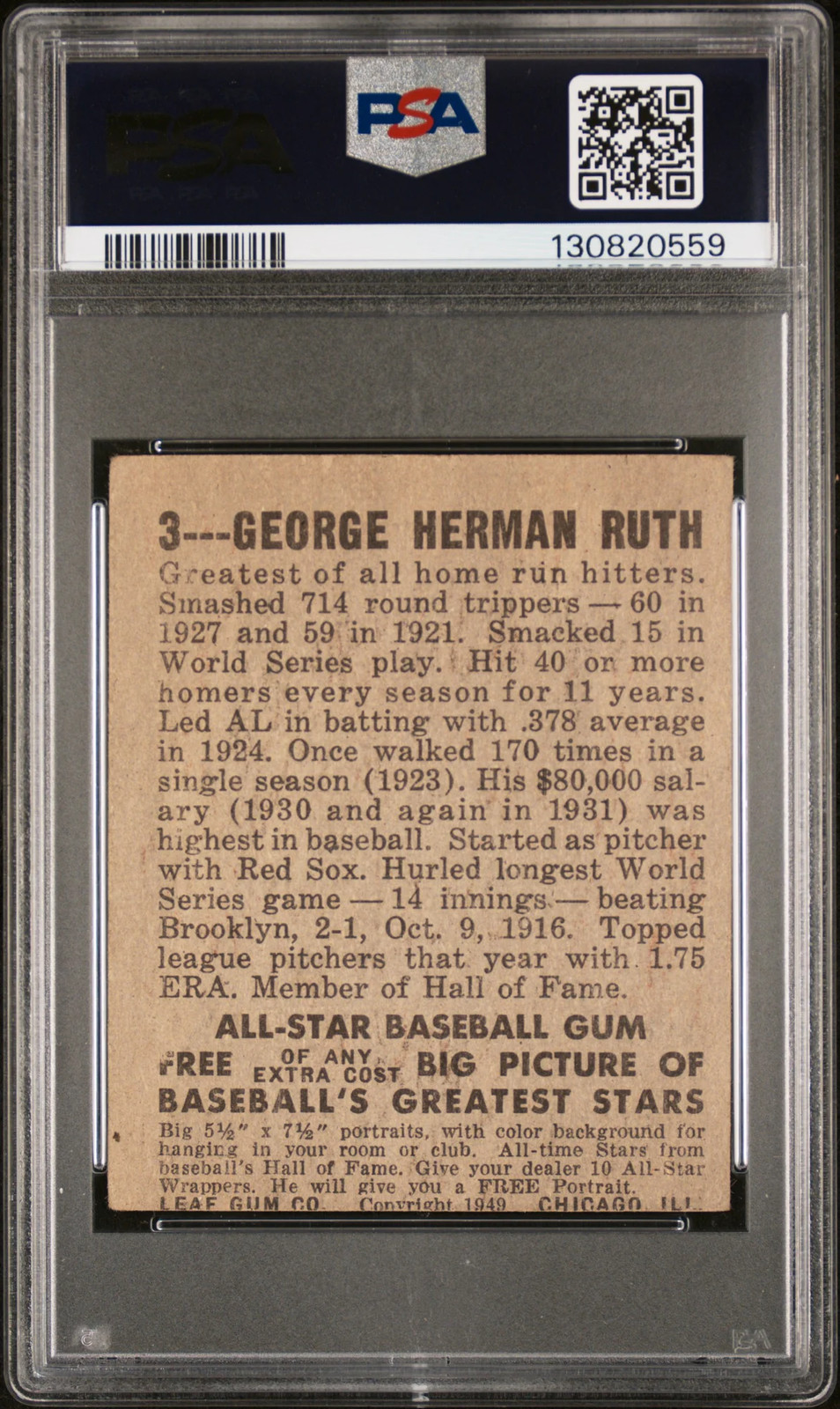 1948 Leaf Babe Ruth #3 PSA 2 MC view 2