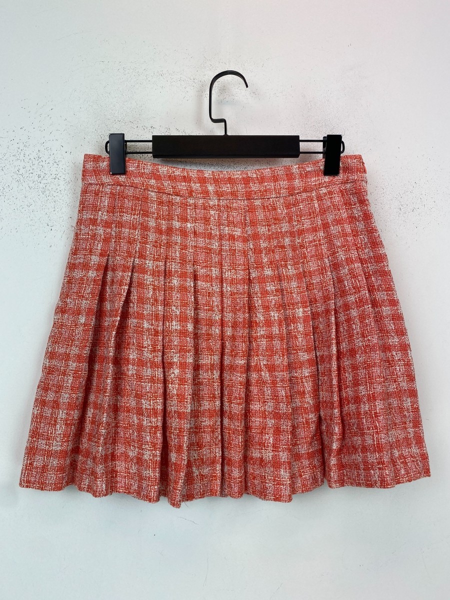 Zara Orange Check Mini Skirt Pleated High Rise Textured Tweed